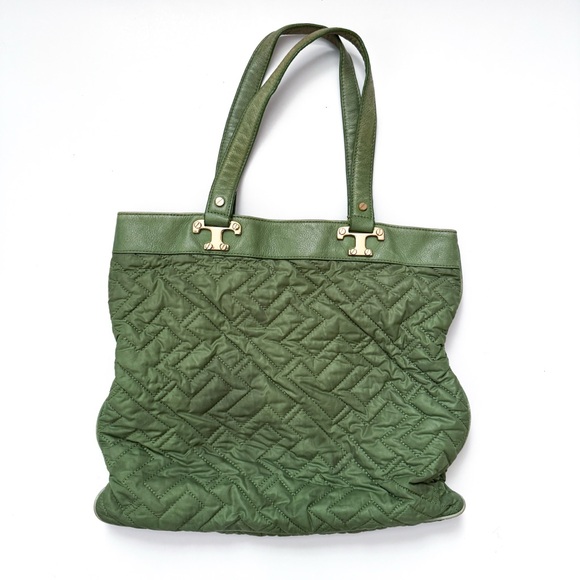 Tory Burch Green Quilted Leather Handle Tote Bag With Gold Tone Hardware - Picture 1 of 7